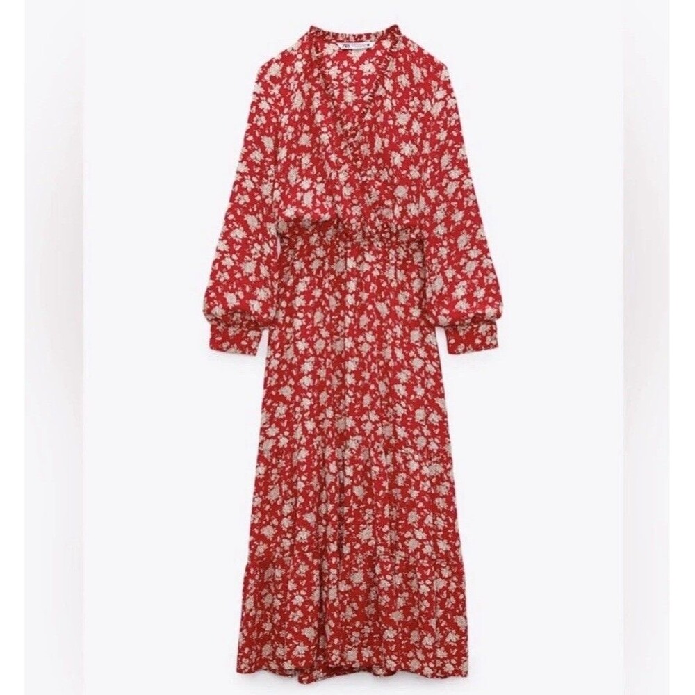 Zara Red White Floral Print Long Sleeve Boho Western Summer Maxi Tea Dress Sz M